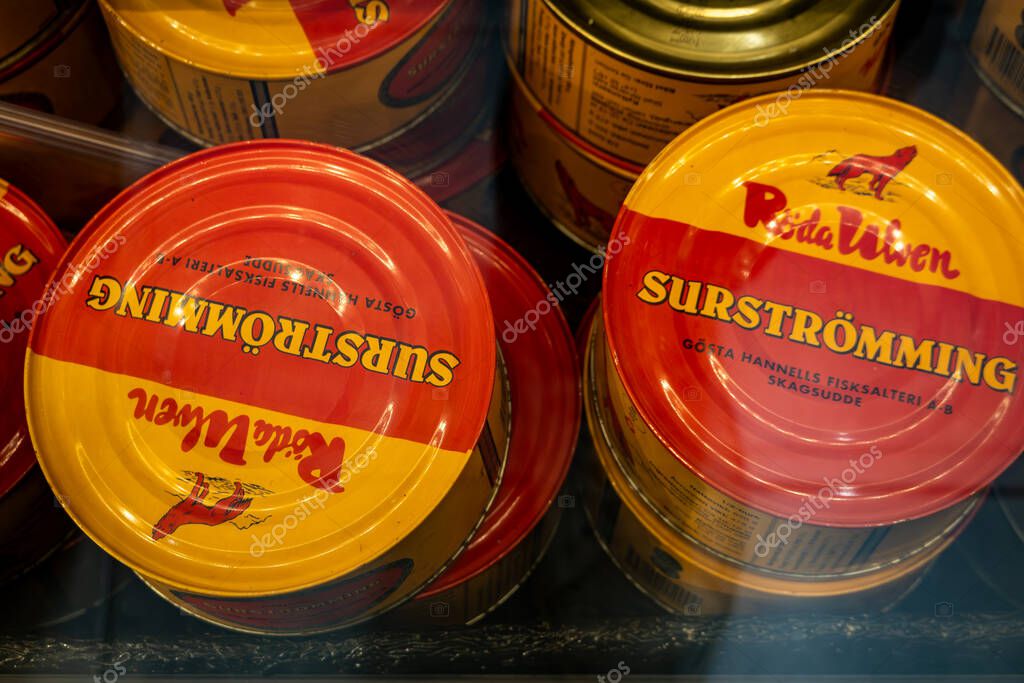 Leksand, Sweden Sept 24, 2025 Cans of surstromming in a supermarket.