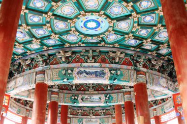 BEIJING - 17 HAZİRAN Wan Shou Pavilion 'daki sütun ve tavan boyası, Cennet Parkı tapınağı, 17 Ocak 2014, Pekin, Çin.