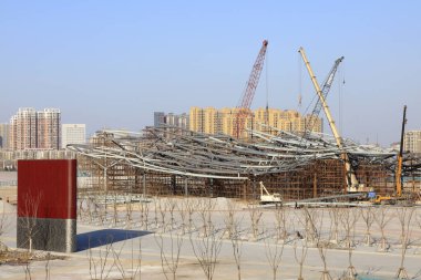 Tangshan - 31 Ocak: İşlek inşaat alanı, Tangshan Dünya Bahçecilik Fuarı, 31 Ocak 2016, Tangshan Şehri, Çin