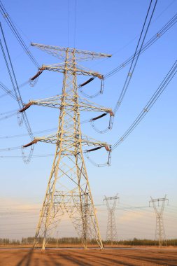high voltage electric power steel tower, closeup of photo