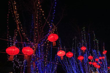 Kırmızı fenerler ağaçlarda asılı.