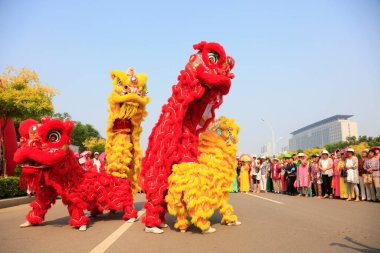 Luannan County - 16 Haziran 2016: Çin geleneksel aslan dansı gösterisi, Luannan County, Hebei Eyaleti, Çin