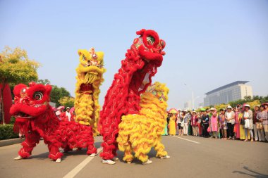 Luannan County - 16 Haziran 2016: Çin geleneksel aslan dansı gösterisi, Luannan County, Hebei Eyaleti, Çin