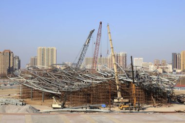Tangshan - 31 Ocak: İşlek inşaat alanı, Tangshan Dünya Bahçecilik Fuarı, 31 Ocak 2016, Tangshan Şehri, Çin