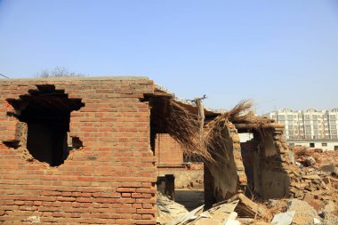 Broken walls, closeup of photo
