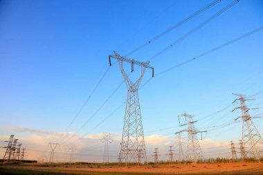 high voltage electric power steel tower, closeup of photo
