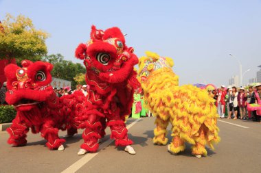 Luannan County - 16 Haziran 2016: Çin geleneksel aslan dansı gösterisi, Luannan County, Hebei Eyaleti, Chin