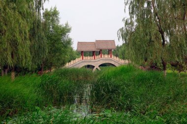 Parkta çift kemerli taş köprü