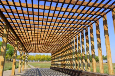 Oksitlenme, paslanma, parkta çelik kirişler, fotoğrafın yakın çekimi.