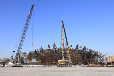 Tangshan - 31 Ocak: İşlek inşaat alanı, Tangshan Dünya Bahçecilik Fuarı, 31 Ocak 2016, Tangshan Şehri, Çin