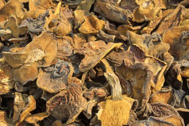 Markette kurutulmuş mantar, fotoğrafa yakın çekim.