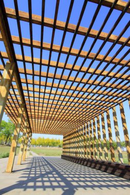 Oksitlenme, paslanma, parkta çelik kirişler, fotoğrafın yakın çekimi.