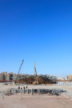 Tangshan - 31 Ocak: İşlek inşaat alanı, Tangshan Dünya Bahçecilik Fuarı, 31 Ocak 2016, Tangshan Şehri, Çin