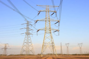 high voltage electric power steel tower, closeup of photo