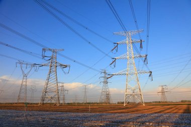 high voltage electric power steel tower, closeup of photo