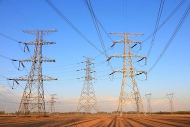 high voltage electric power steel tower, closeup of photo