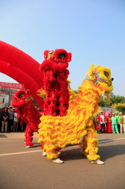 Luannan County - 16 Haziran 2016: Çin geleneksel aslan dansı gösterisi, Luannan County, Hebei Eyaleti, Chin