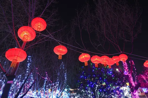 Kırmızı fenerler karanlığın dallarında asılı.