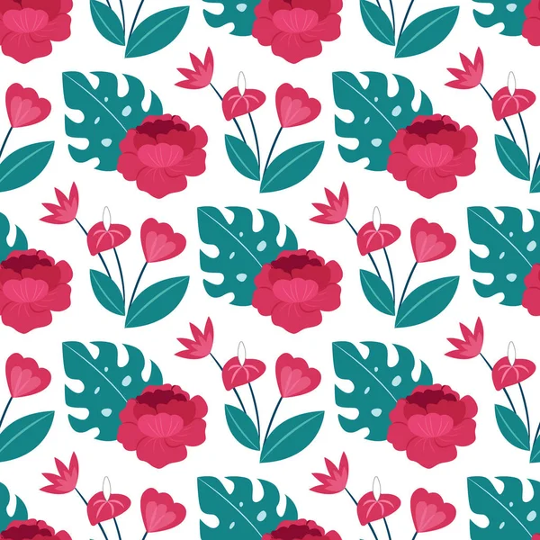 シームレスなパターンでモンスターとピンクの牡丹 ベクトル図の花飾り — ストックベクタ