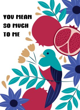 Afişler, kartlar, posterler vs. için kuşlu ve çiçekli nar tasarımı