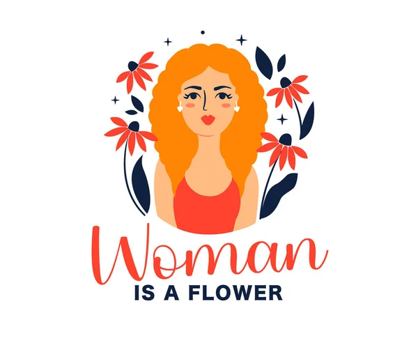 Woman Flower Portrait Girl Lettering Quote Vector Illustration — Vector de stock