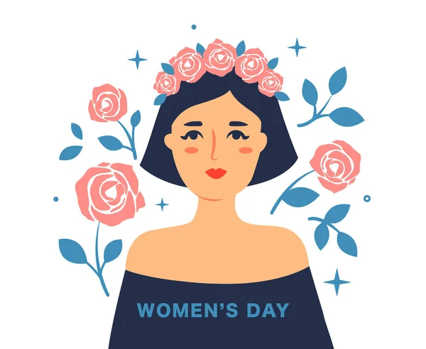 Womens Day Portrait Card Girl Roses Quote Vector Illustration — Stockový vektor