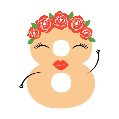 Cartoon number 8 with roses in a vector illustration for spring holiday, emoji stickers
