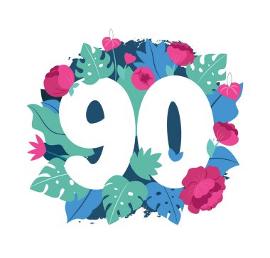 The happy 90 anniversary. This is number for party with peony and monstera in a vector illustration