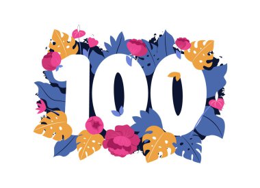 The happy 100 anniversary. This is number for party with flowers peonies in a vector illustration 