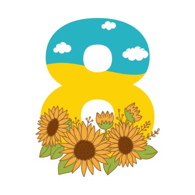 Ukrainian number 8 with sunflowers and national color flag in a vector illustration for spring holidays clipart