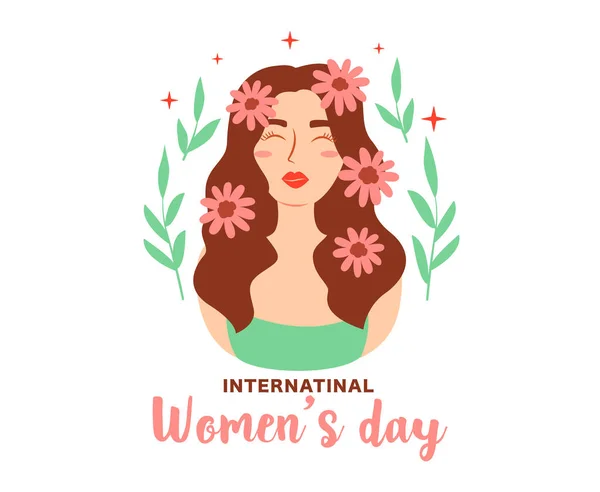International Women Day Design Avatar Girl Flowers Lettering Quote Vector — Wektor stockowy