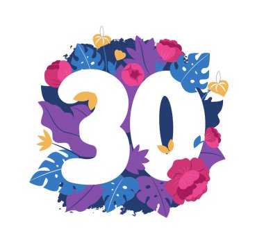 Purple 30 number with flowers peony and monstera in a vector illustration