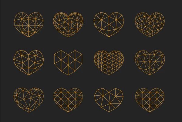 Uppsättning Polygonala Geometriska Hjärtan Linje Konst Stil Och Guld Färg — Stock vektor