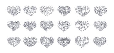 Tasarım için çiçekler, meyveler ve kuşlarla süslenmiş bir kalp seti.