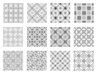 Dekorasyon için bir takım geometrik desenler. Bir vektör illüstrasyonunda tek renkli baskılar