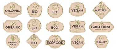 Set of Bio patches in frame. Farm Food stamps with leaves in a lineart style clipart