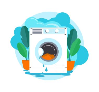 Görüntü tasarla, suyu kurtar. Bozuk bir çamaşır makinesi, su ve bitkiler geliyor. Vektör illüstrasyonu