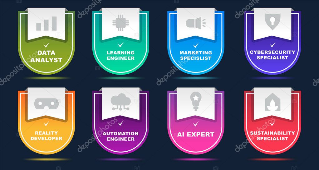 A set of gradient shields with icons for specialists of different smart professions and certificates. Vector illustration, design for business
