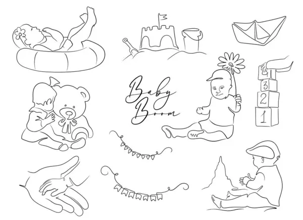 Çocuk Logosu Satırdaki Sanat Vektörü Illüstrasyonunda Metinli Bebek Boom Elle Telifsiz Stok Vektörler