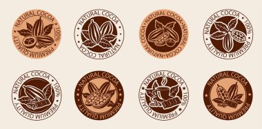 Logo tasarımı için kakao ve çikolata rozetleri seti, vektör illüstrasyonunda kompozisyon