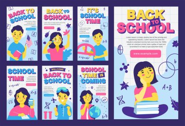 Okul pankartlarına geri dön, metin ve öğrencili vektör şablonları