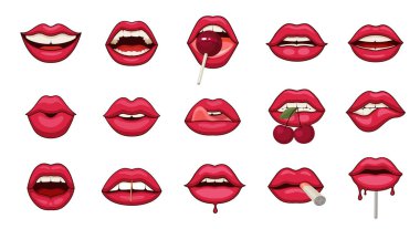 Çizgi film Pembe Dudak Vektör Seti. Bir vektör illüstrasyonunda birden fazla ifade