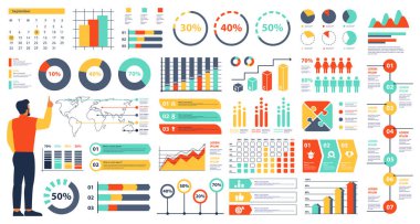 İş Adamı İstatistik Bilgileri Simgeleri Sunar Set, Düz Tasarım İş Veri Görselleştirmesi