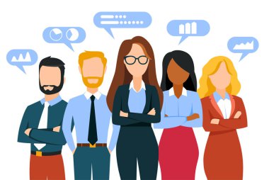 Düz Tasarım İllüstrasyonunda Bilgi İstatistiklerini Gösteren Profesyonel İş Ekibi ve Konuşma Baloncukları Afişi