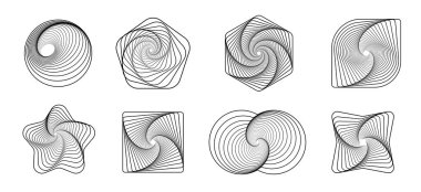 Soyut Geometrik Dalga ve Kabuk Elementleri Kümesi, Bükülmüş Vektör Tasarımı. Estetik çağdaş çizgi sanatı, monokrom şeklinde.