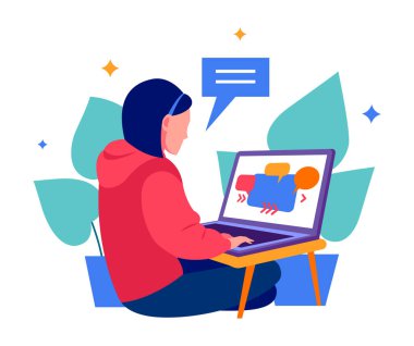 Bir vektör illüstrasyonunda dizüstü bilgisayar kullanarak Dizayn Projeleri üzerinde çalışan Yaratıcı Kadın Tasarımcı