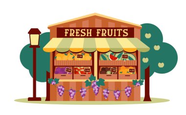 Eco Mini Market Stall İllüstrasyonu, Üzüm, Portakal, Elma ve Daha Fazla Fiyatlandırmalı Düz Stil