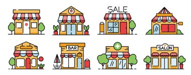 Minimalist Renk Simgesi Küçük Perakende İşletmeleri, Çevrimiçi Dükkan, Bar, Eczane, Salon, Vector 'da Büfe