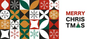 Kusursuz Bauhaus Noel Sancağı, Kış Simgeleriyle Modern Kar Tanesi Süslemesi ve Beyaz Arkaplanda Düz Stil Dekoratif Elementler