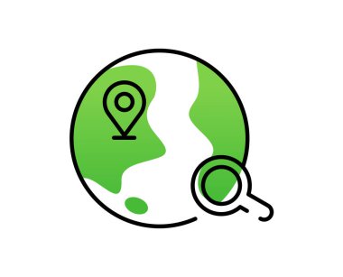 İnternet Konum Arama Simgesi, Dünya ile Kara Hat Sanatı, Büyüteç ve Konum İşaretleyici, Modern Tasarımlar için Yeşil Aksan